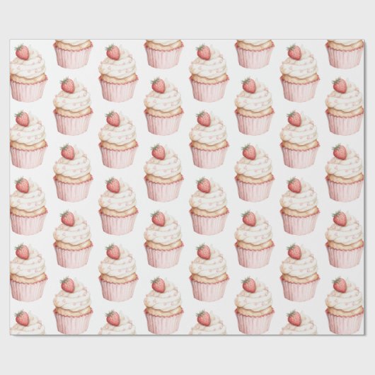 Pink Hearts Erdbeercupcake   Geschenkpapier (Flach)
