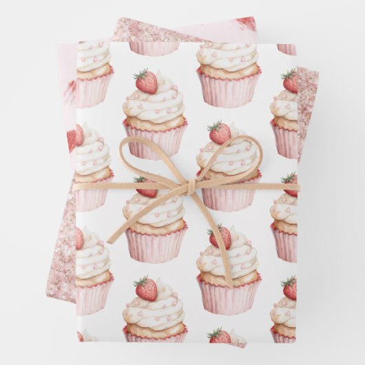 Pink Hearts Erdbeercupcake Geschenkpapier Set (Beispiel)