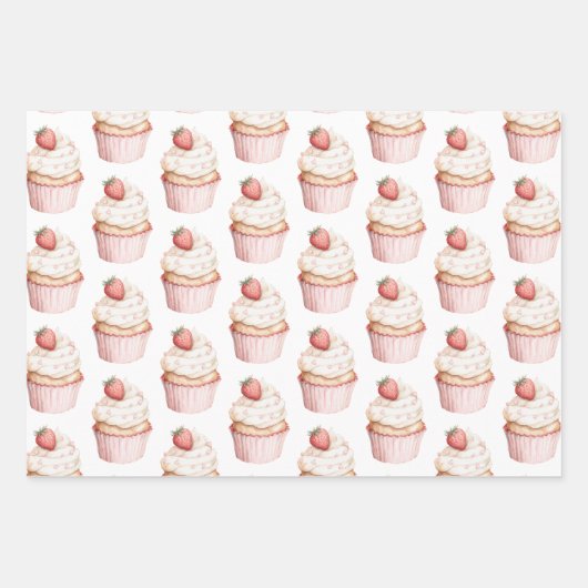 Pink Hearts Erdbeercupcake Geschenkpapier Set (Vorderseite)