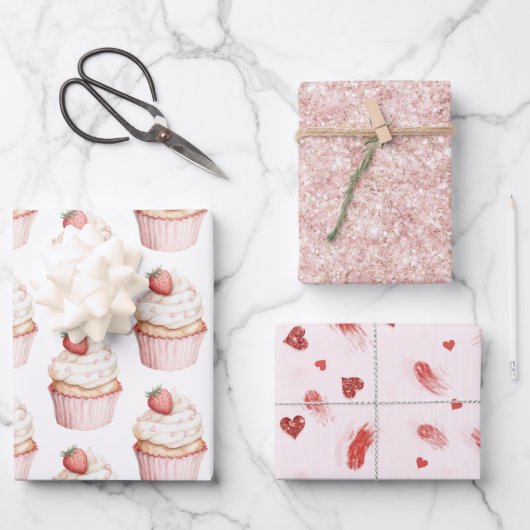 Pink Hearts Erdbeercupcake   Geschenkpapier Set (Vorderseite)