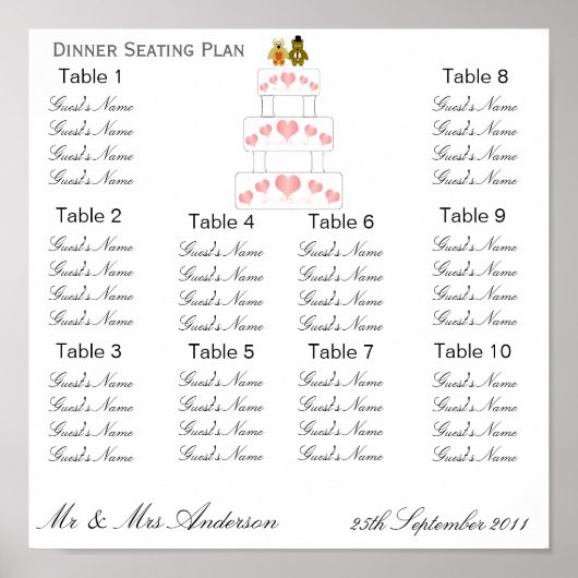 Pink Hearts Hochzeitsessen Sitzplan Poster (Vorne)