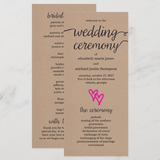Pink Hearts Kraft Wedding Program Programm (Vorne/Hinten)