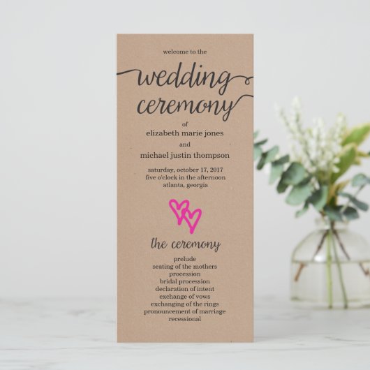 Pink Hearts Kraft Wedding Program Programm (Stehend Vorderseite)