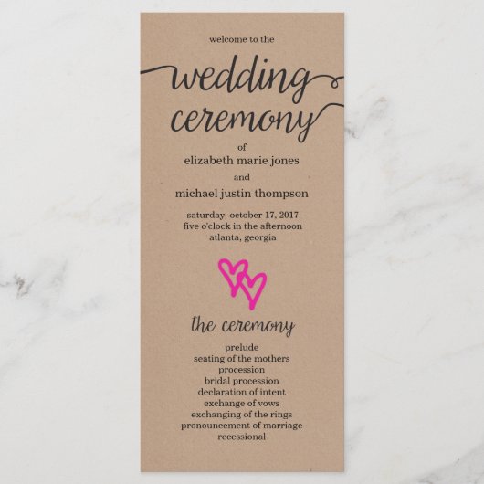 Pink Hearts Kraft Wedding Program Programm (Vorderseite)