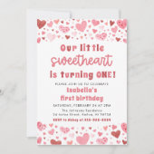 Pink Hearts Little Sweetheart Foto Erster Geburtst Einladung (Vorderseite)