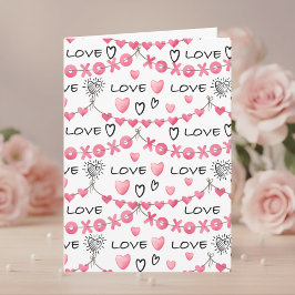 Pink Hearts Love Doodle Script Pattern Valentine's Karte