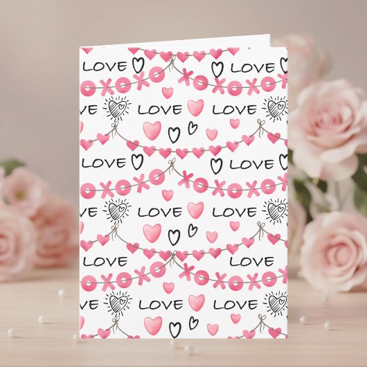 Pink Hearts Love Doodle Script Pattern Valentine's Karte
