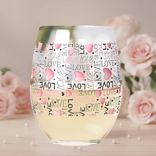 Pink Hearts Love Script Pattern Happy Valentine's Weinglas Ohne Stiel