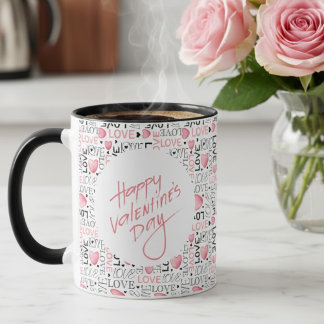Pink Hearts Love Typography Happy Valentine's Day Tasse