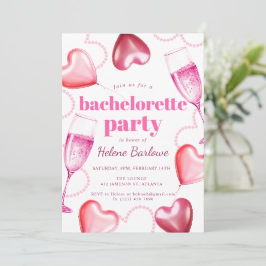 Pink Hearts Niedlich Girly Chic Junggeselinnen-Abs Einladung (Stehend Vorderseite)