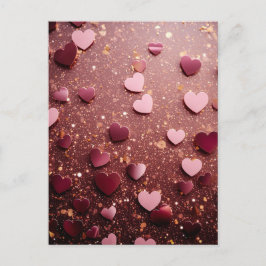 pink hearts on a pink and golden glitter ground postkarte