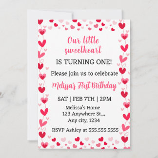 Pink Hearts Our Little Sweetheart Birthday Invite  Einladung