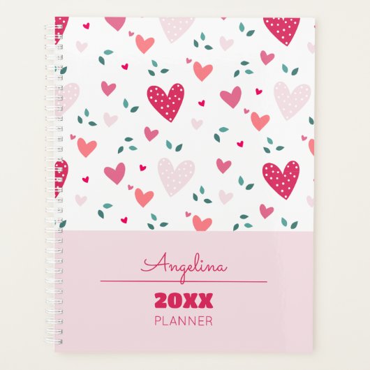 Pink Hearts Pattern Kids Academic School Planner Planer (Vorderseite)