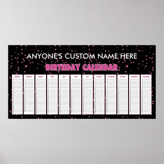 Pink Hearts Perpetual Birthday Calendar Poster (Vorne)