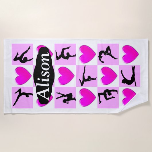 PINK HEARTS PERSONALISIERT GYMNASTICS BEACH TOWEL STRANDTUCH (Vorderseite)