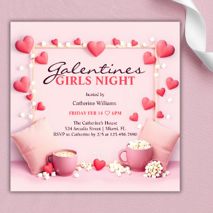 Pink Hearts Popcorn Galentine's Girls Night Party Einladung