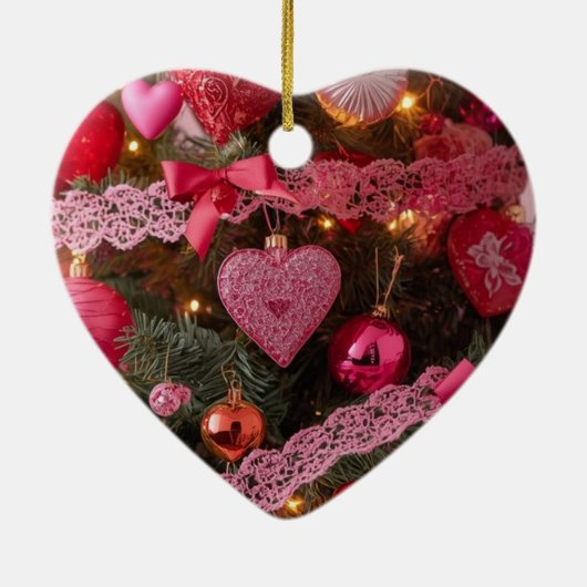 Pink Hearts Red Bulbs on a Romantic Valentine Tree Keramik Ornament (Hinten)
