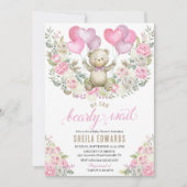 Pink Hearts Teddy Bear Balloons Babydusche Einladung (Vorderseite)