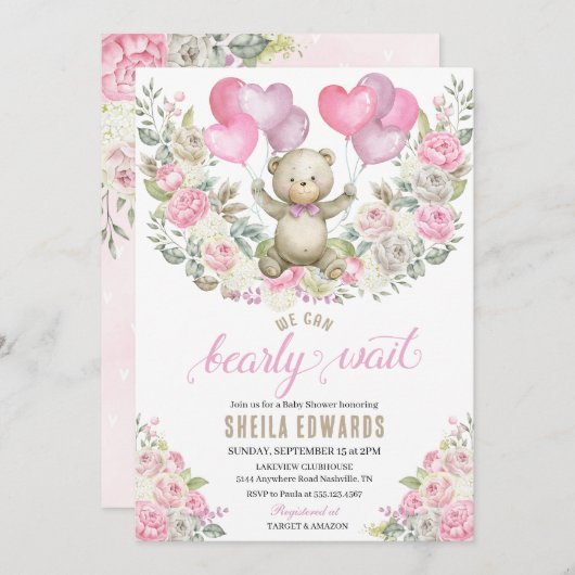 Pink Hearts Teddy Bear Balloons Babydusche Einladung (Vorne/Hinten)
