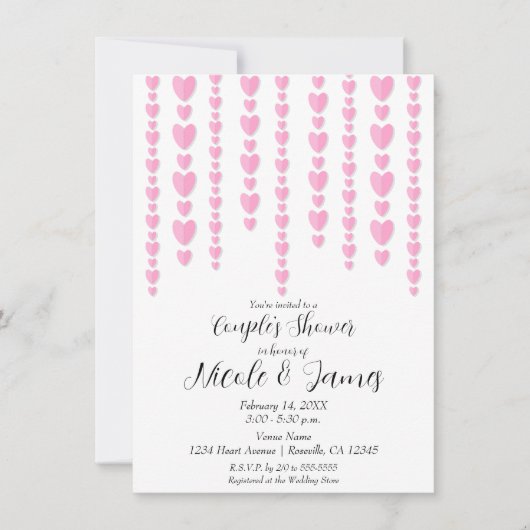Pink Hearts Valentine Couple's Polterabend Einladung (Vorderseite)