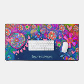 Pink Hearts Whimsical Floral Personalisiert Blue Schreibtischunterlage (Tastatur & Maus)