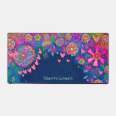 Pink Hearts Whimsical Floral Personalisiert Blue Schreibtischunterlage (Vorderseite)