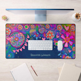 Pink Hearts Whimsical Floral Personalisiert Blue Schreibtischunterlage