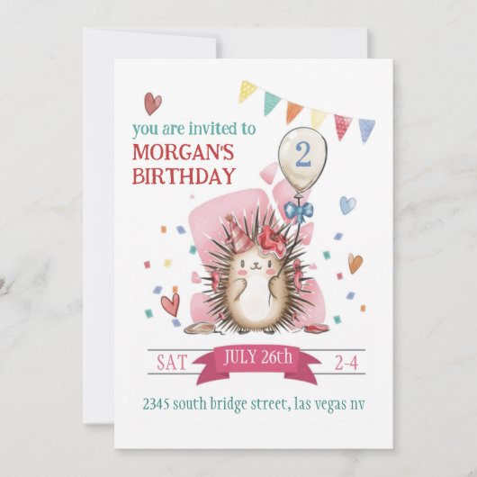 Pink Hedgehog Children's Birthday Invitation Einladung (Vorderseite)
