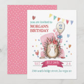 Pink Hedgehog Children's Birthday Invitation Einladung (Vorne/Hinten)