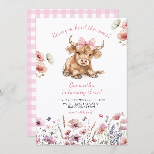 Pink Heifer Bull Floral Birthday Invitation Einladung (Vorne/Hinten)