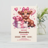 Pink Heilige Kuh Hochland 1. Geburtstag Einladung (Stehend Vorderseite)