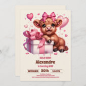 Pink Heilige Kuh Hochland 1. Geburtstag Einladung (Vorne/Hinten)