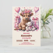 Pink Heilige Kuh Hochland 1. Geburtstag Einladung (Stehend Vorderseite)