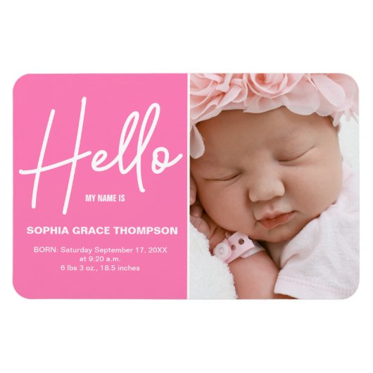 PINK Hello Baby Girl Foto Birth announcement Magnet (Horizontal)