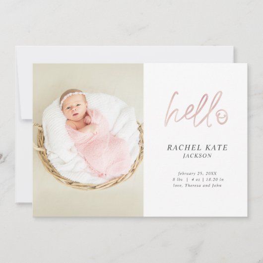 Pink Hello Script Foto Rose Gold Polka Dot Girly Ankündigung (Vorderseite)