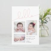 Pink Hello Script Multi Foto Girl Birth Ankündigung (Stehend Vorderseite)