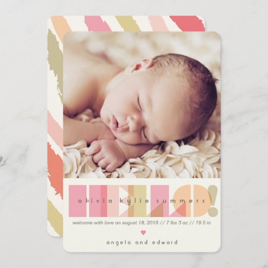 Pink HELLO Typografie Baby Girl Birth Design Birth Ankündigung (Vorne/Hinten)