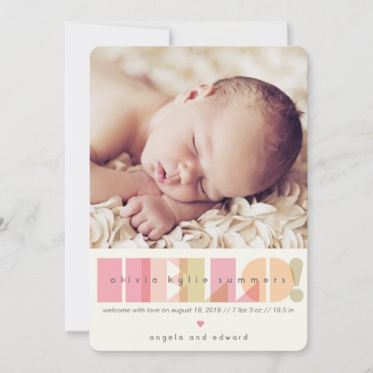 Pink HELLO Typografie Baby Girl Birth Design Birth Ankündigung (Vorderseite)