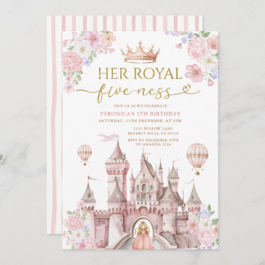 Pink Her Royal five-ness birthday Castle Crown Einladung (Vorne/Hinten)