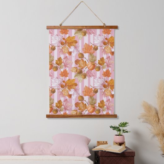 Pink Herbstleaves and Acorns Pattern - Fall Wandteppich Mit Holzrahmen (Schlafzimmer)