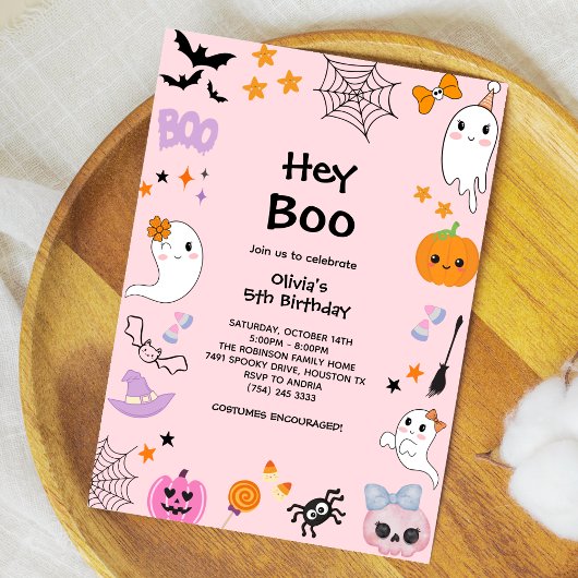 Pink Hey Boo Niedlich Ghost Halloween 5. Geburtsta Einladung
