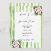 Pink Hibiscus Floral Green Stripes Bridal Shower Einladung (Vorne/Hinten)