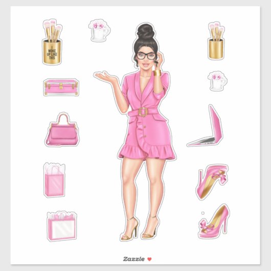 Pink High Fashion Brünett Women Planner Decals Aufkleber (Blatt)