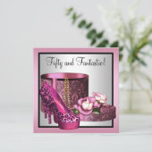 Pink High Heel Schuhe Frauen Leopard 50. Geburtsta Einladung (Stehend Vorderseite)