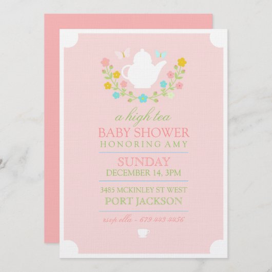 Pink High Tea Baby Dusche Einladung (Vorne/Hinten)
