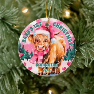 Pink Highland Cow Baby 1. Weihnachtsfest Foto Keramik Ornament