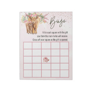 Pink Highland Cow Babydusche Bingo Game Notepad Notizblock