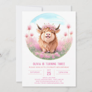 Pink Highland Cow Meadow Magic Birthday Einladung