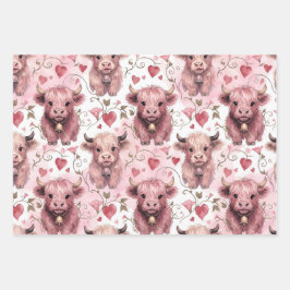 Pink Highland Cow Valentine Hearts Geschenkpapier Set