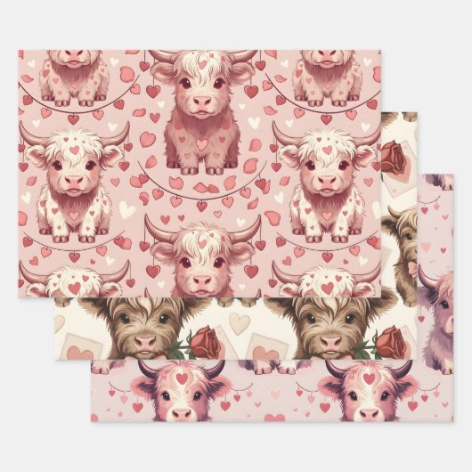 Pink Highland Cow Valentine Hearts Roses Geschenkpapier Set (Set)